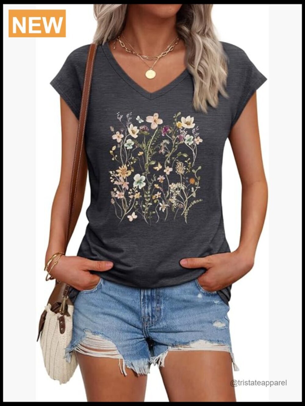 Vintage Floral V Neck T Shirt Cap Sleeve Boho Wildflowers Tee Cottagecore Tops